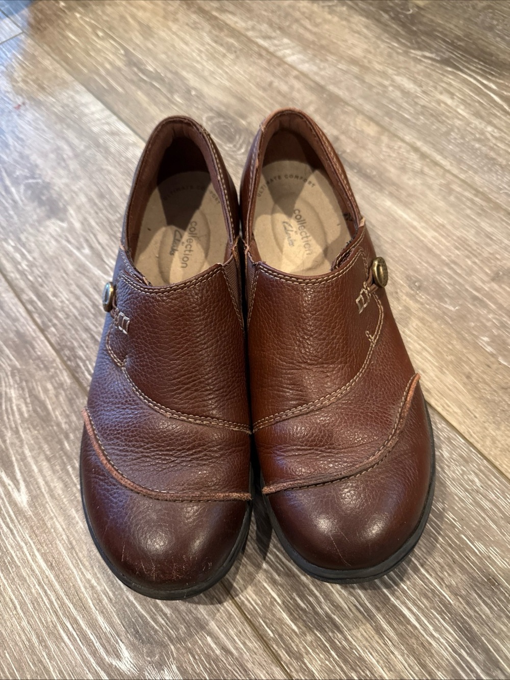 Clarks Brown Leather Slip-On Flats with Buckle Accent